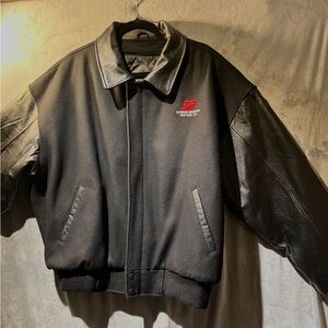 Black Bomber Jacket with Leather Sleeves